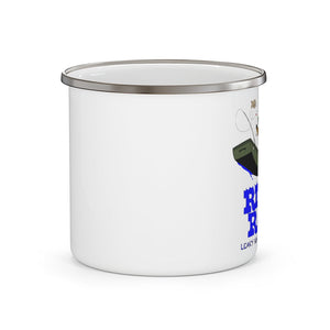 White 12oz enamel mug with a silver rim and a "River Rats Leaky Raft" graphic on the side.