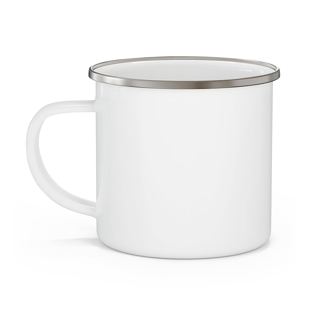 White 12oz enamel mug with a silver rim and C-handle, made of lightweight stainless steel.