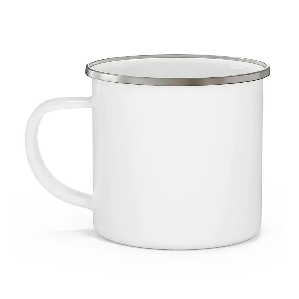White 12oz enamel mug with a silver rim and C-handle, made of lightweight stainless steel.