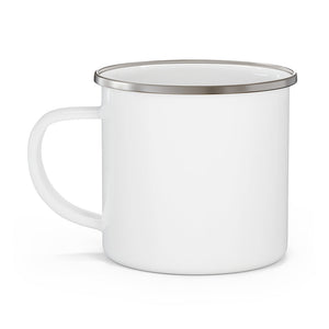 White 12oz enamel mug with a silver rim and C-handle, made of lightweight stainless steel.