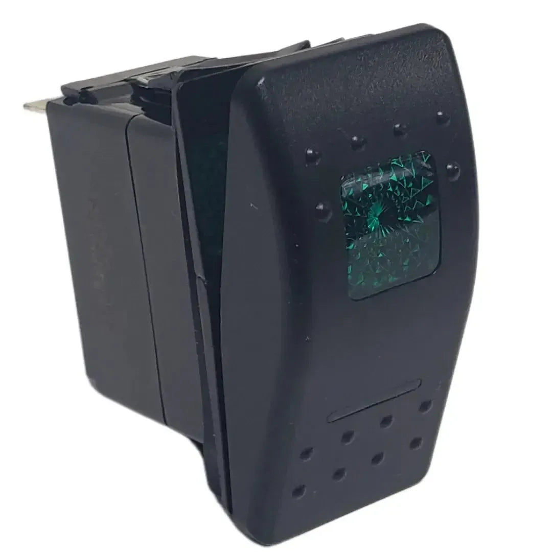 Black 5-pin rocker switch with a green lighted upper indicator and lower light.