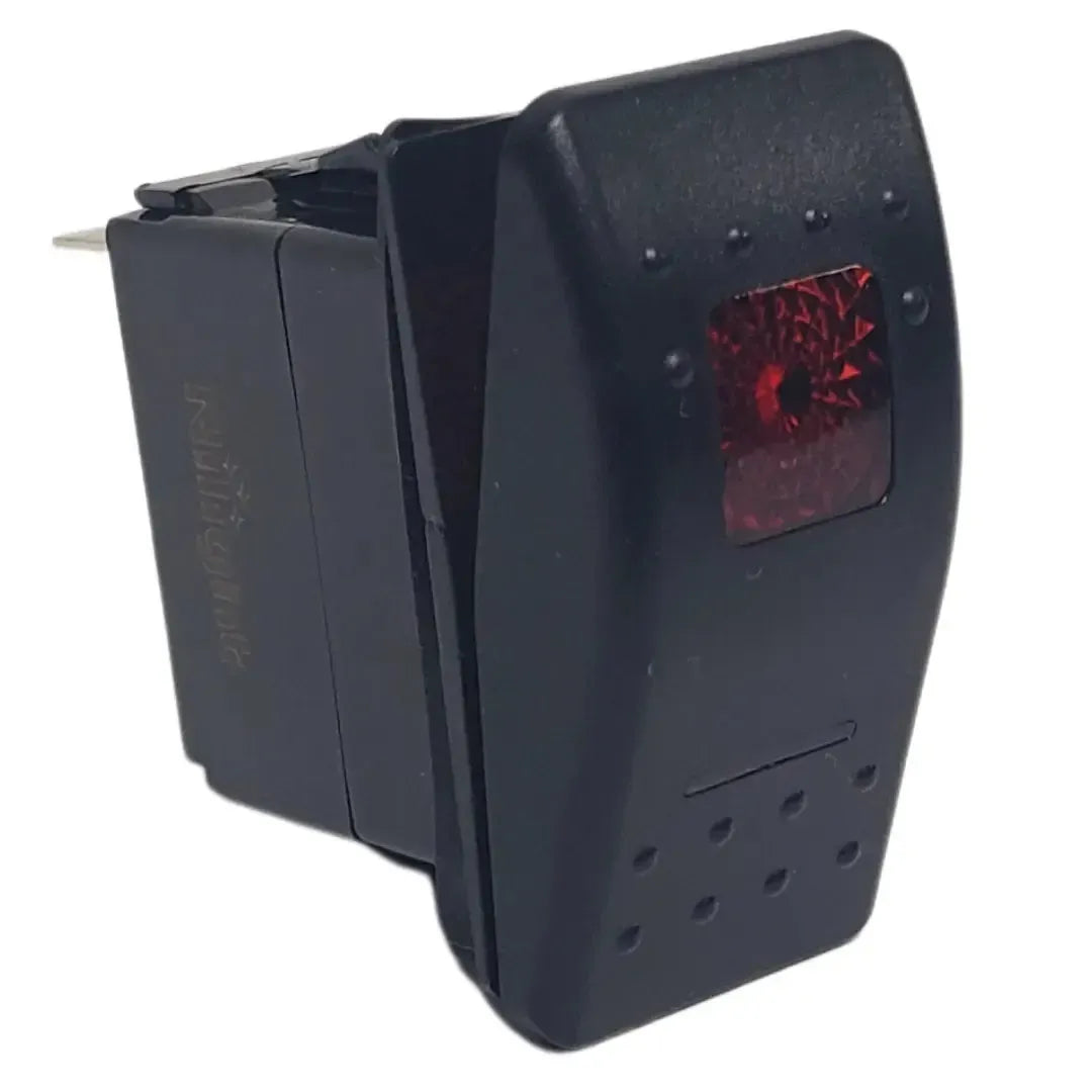 Black 5-pin rocker switch with a lighted red upper indicator and lower light.
