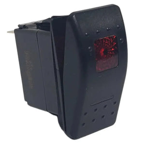 Black 5-pin rocker switch with a lighted red upper indicator and lower light.