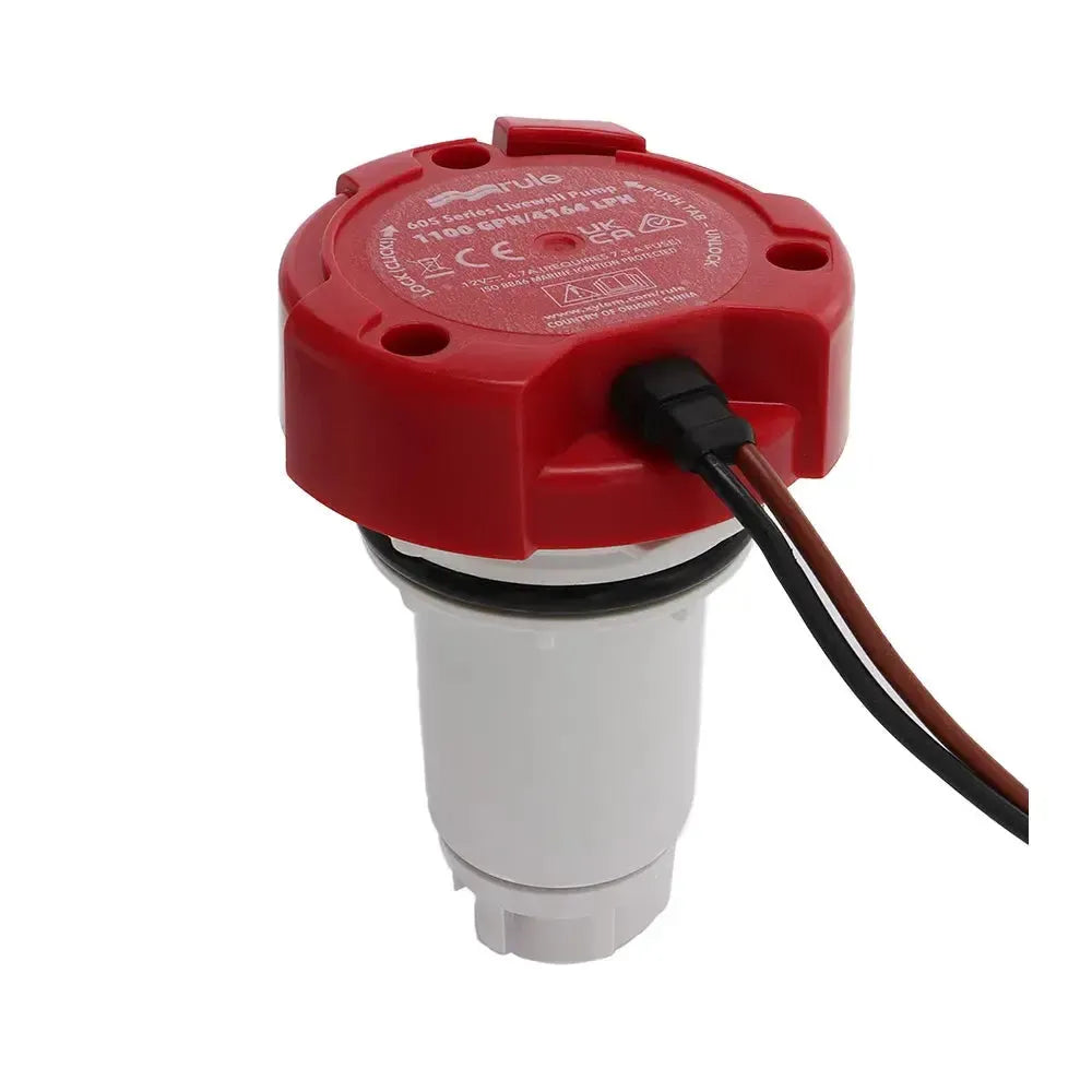 Rule 1100 GPH Livewell Pump Replacement Motor Cartridge, red top, white base, with wires.