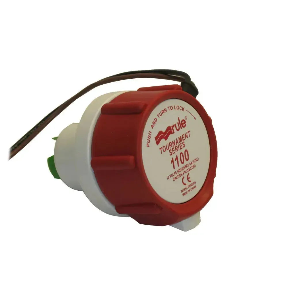 Red and white Rule Tournament Series 1100 livewell pump replacement motor with black wires.