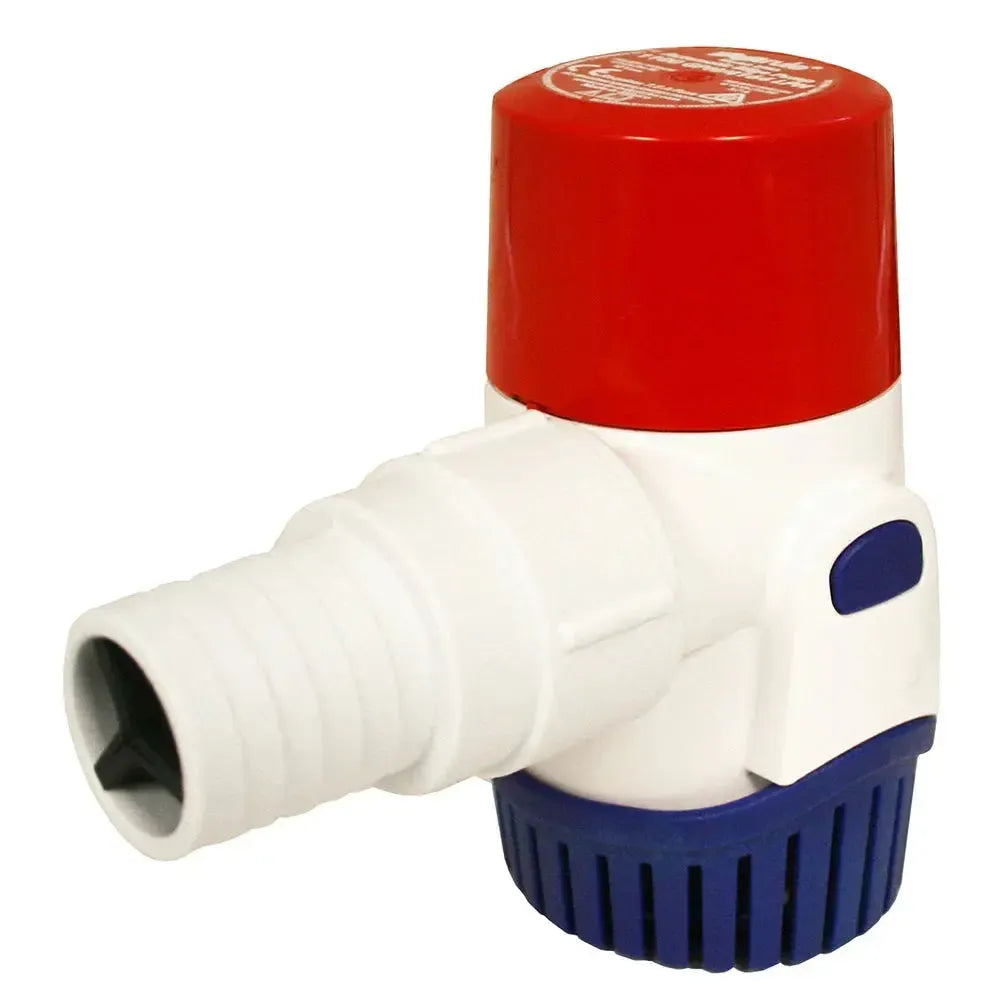 Rule 1100GPH Electronic Sensing Bilge Pump, 12V, white body, red top, blue base, and angled hose barb.
