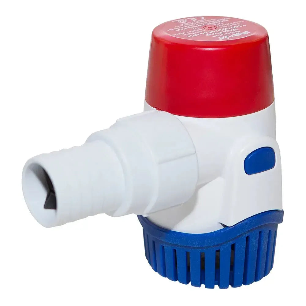 Rule 1100GPH 12V standard bilge pump with red top, white body, and blue strainer base.
