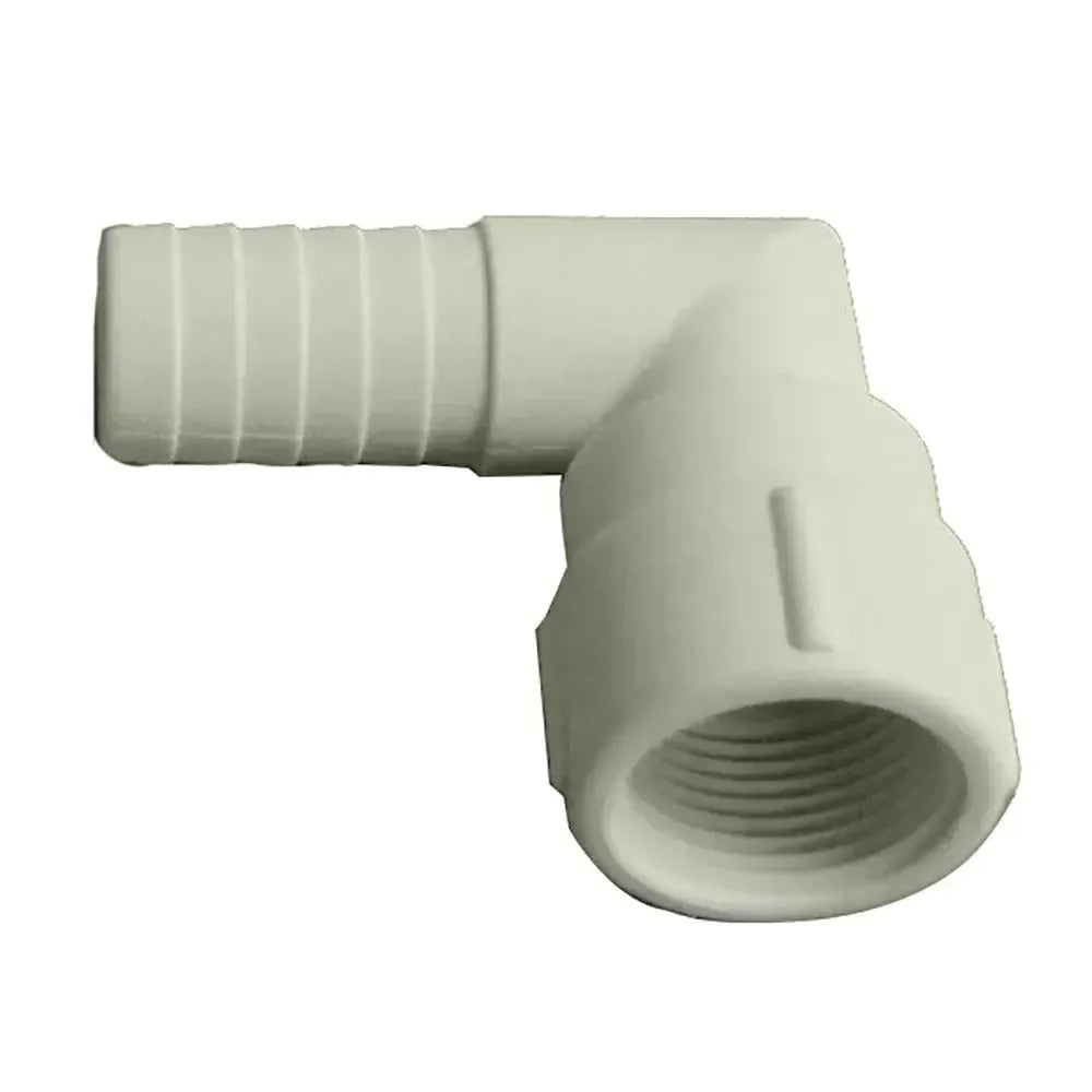 White Rule 1201R 3/4" port 90-degree hose barb fitting with threaded end.