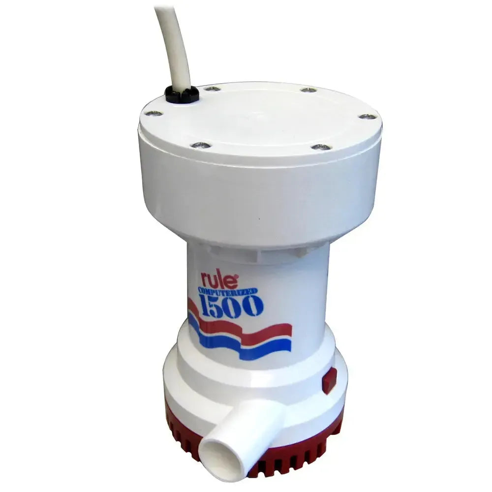White Rule 1500 G.P.H. automatic bilge pump with red and blue logo, discharge outlet, and red base.