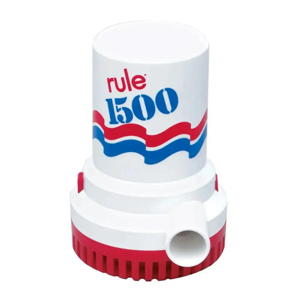 White Rule 1500 G.P.H. Bilge Pump with red and blue wave design, red base, and white discharge outlet.