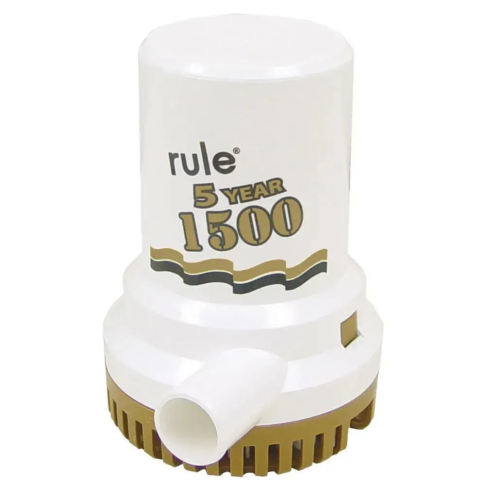 Rule 1500 G.P.H. "Gold Series" bilge pump, white with gold accents and "Rule 5 Year 1500" branding.