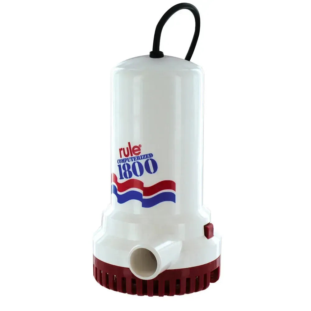 Rule 1800 Sump-Utility Pump with white body, red base, and black handle.