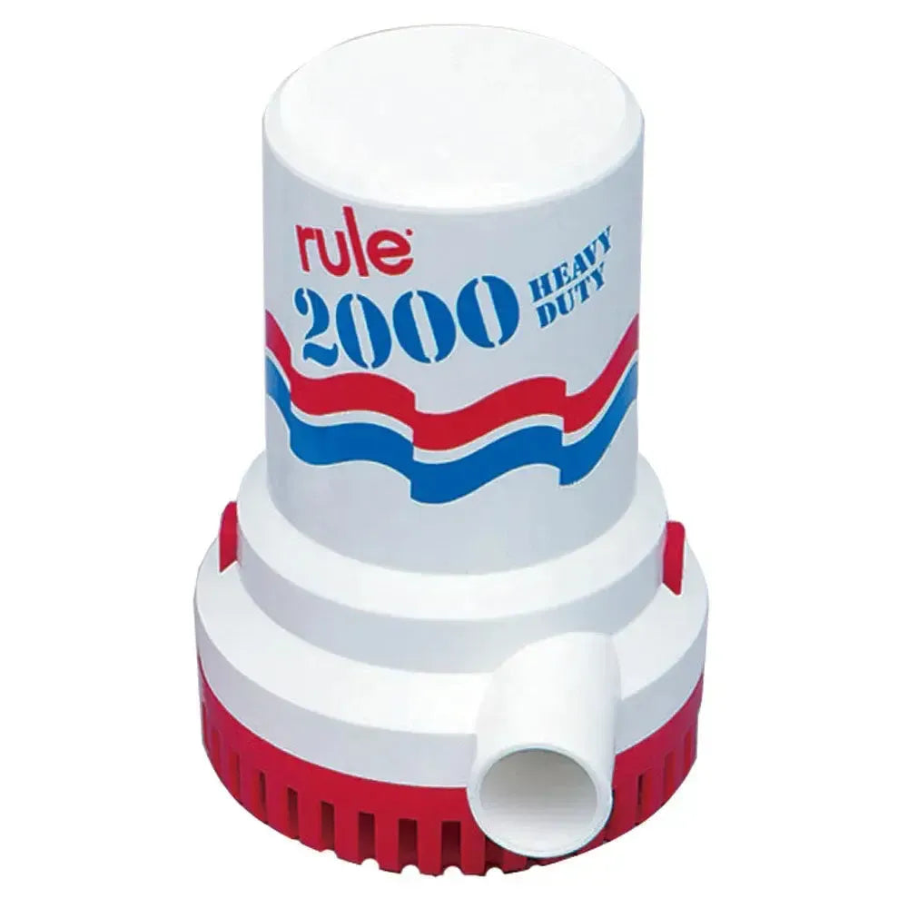 White Rule 2000 GPH heavy-duty non-automatic bilge pump with red base and blue/red wave design.