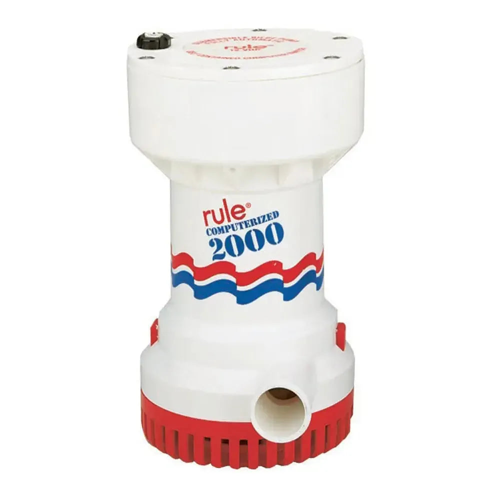 White Rule 2000 G.P.H. automatic bilge pump with red and blue wavy logo, red base.