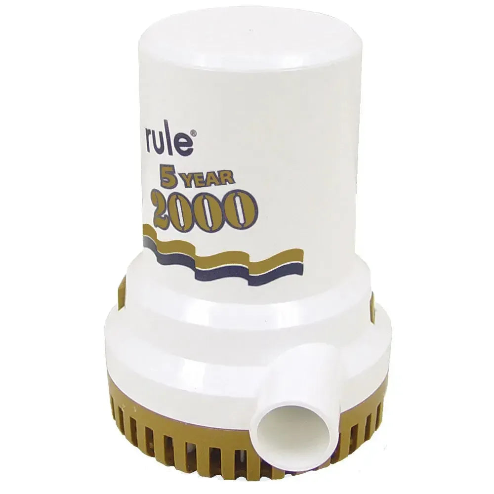 White Rule 2000 G.P.H. "Gold Series" bilge pump with a gold base and discharge outlet.