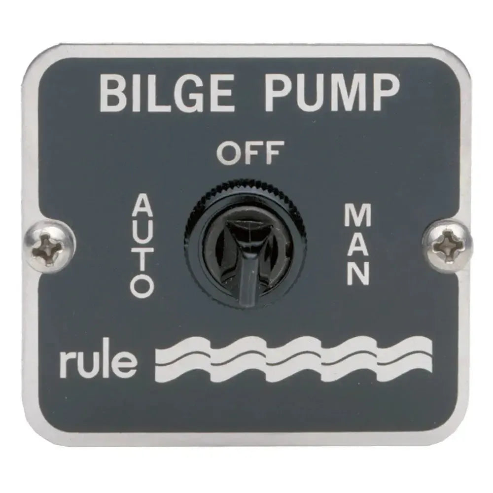 Rule 3-Way Panel Switch with "BILGE PUMP" label, black stainless steel panel, and "AUTO OFF MAN" toggle.
