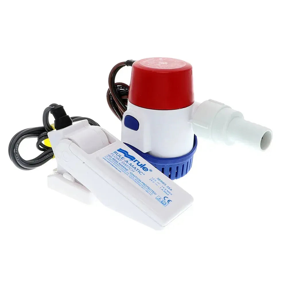 Rule 360 GPH bilge pump with red and white housing, blue base, and a white float switch.