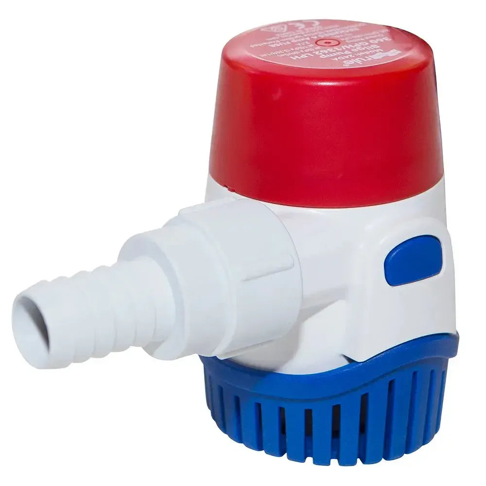 Rule 360GPH 12V standard bilge pump with red top, white body, blue base, and white hose barb.