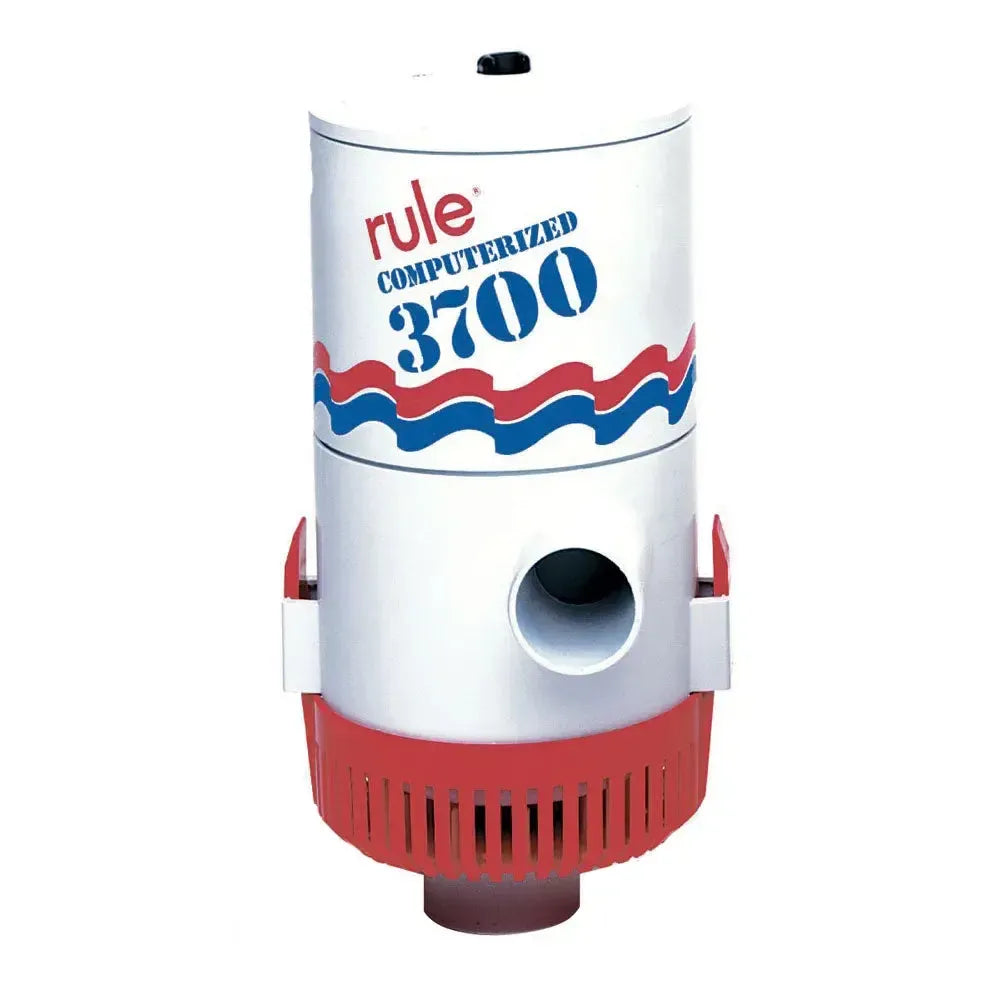 White Rule 3700 computerized automatic bilge pump with red base and discharge outlet.