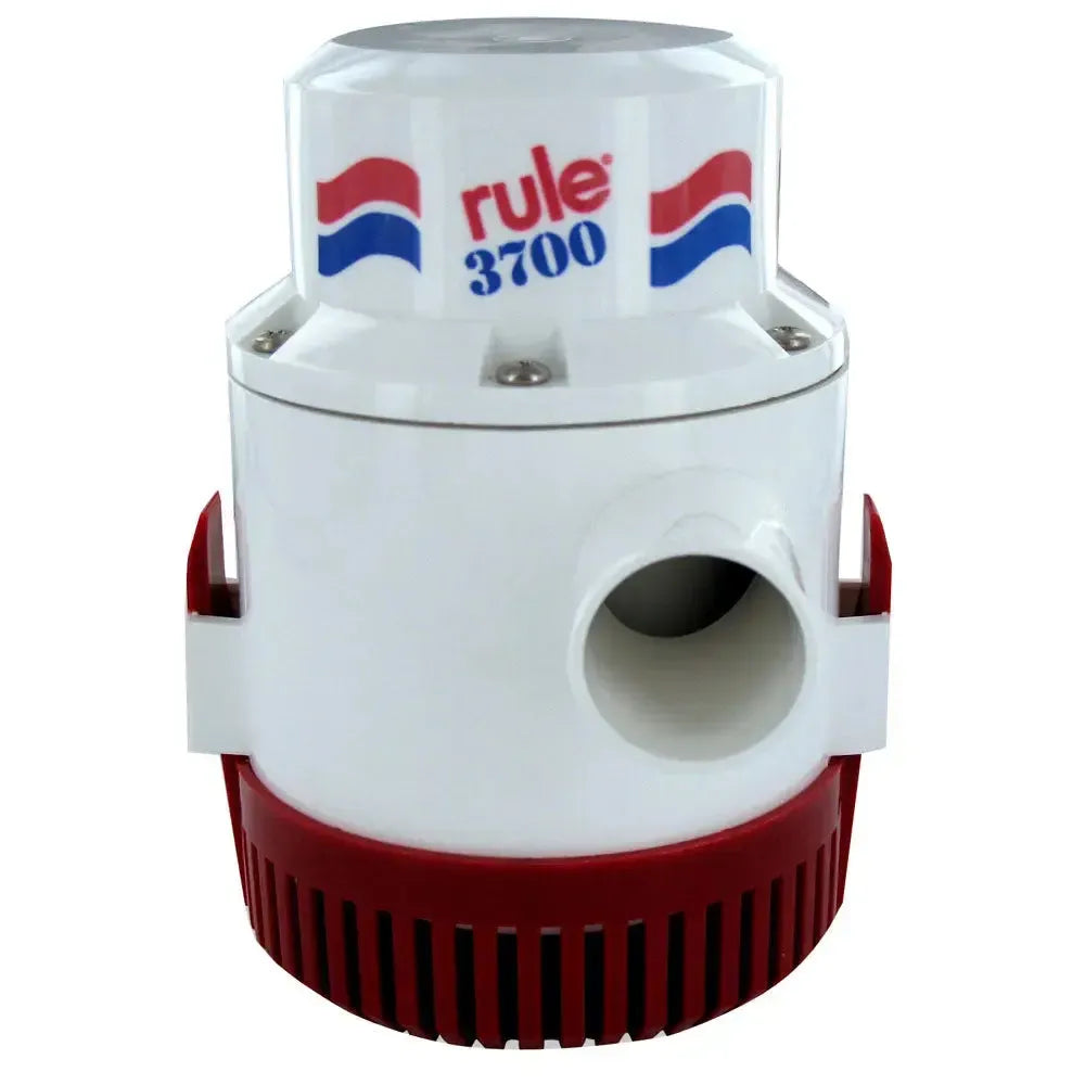 White Rule 3700 G.P.H. bilge pump with red base and discharge outlet.