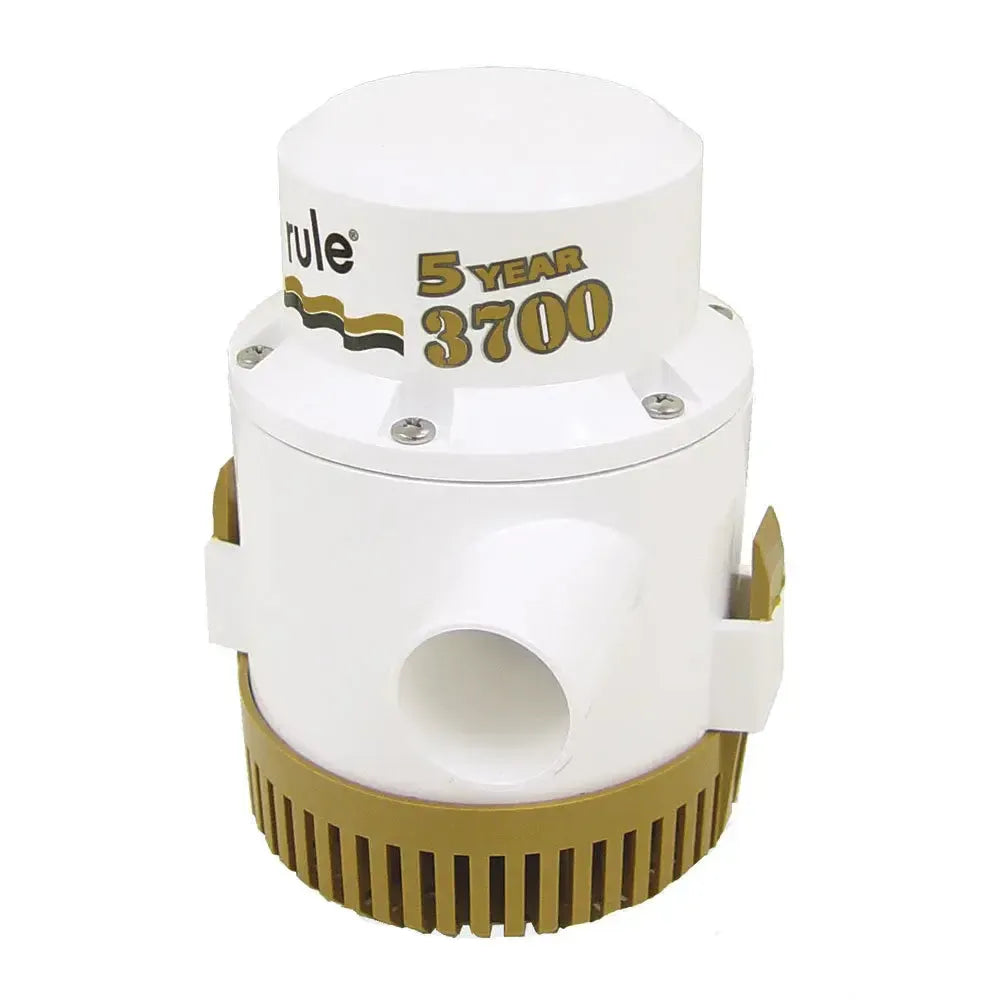 White Rule 3700 Gold Series bilge pump with a ribbed gold base and 1-1/2" discharge outlet.