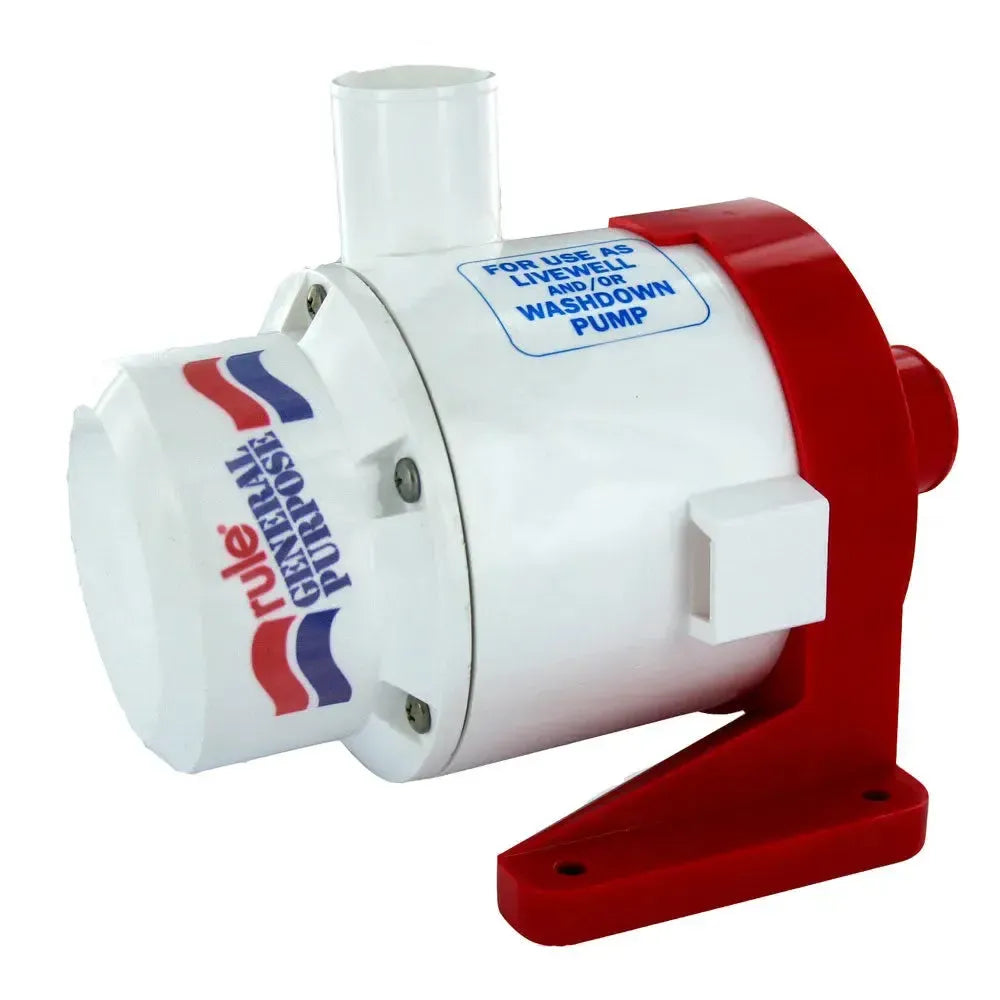 White Rule general purpose centrifugal pump with red mounting bracket and blue label.