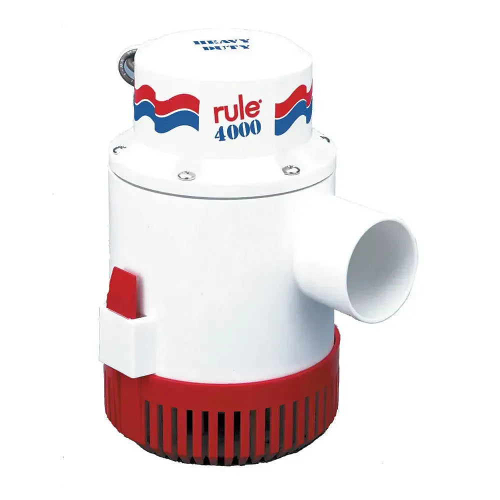 White Rule 4000 non-automatic 12V bilge pump with red base and discharge outlet.