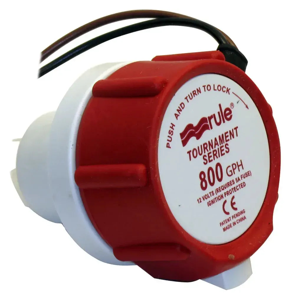 Red and white Rule Tournament Series 800 GPH 12V replacement motor cartridge with black wires.