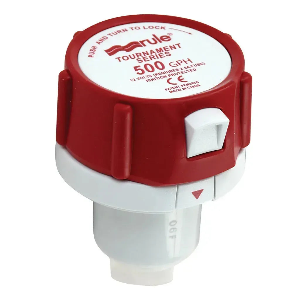 Rule 500 GPH Tournament Series replacement motor cartridge, red and white, with "PUSH AND TURN TO LOCK" text.