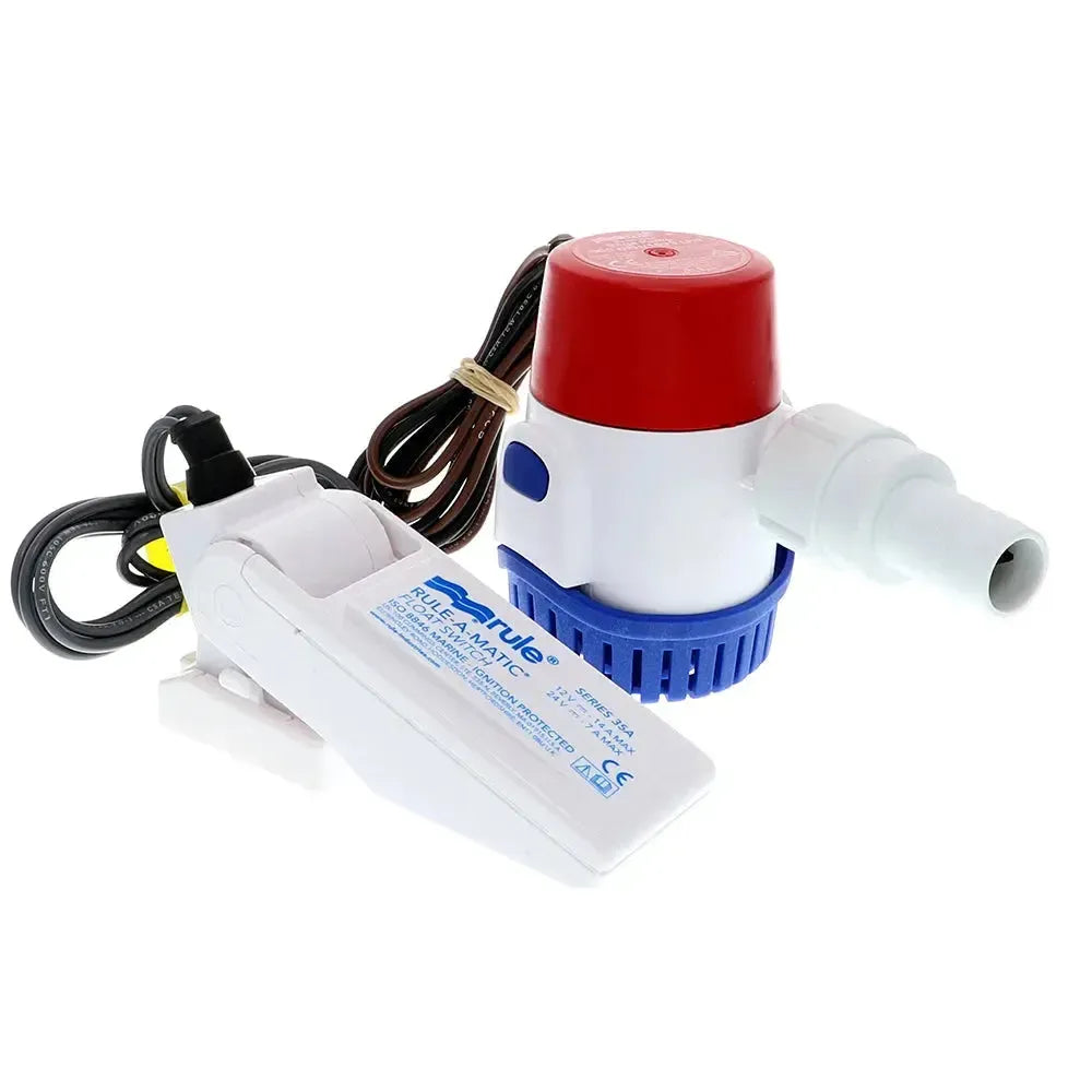 Rule 500 GPH 12V bilge pump kit with red and white pump, blue base, and white float switch.
