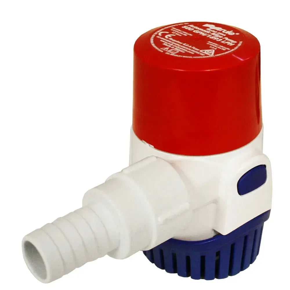 Rule 500GPH Electronic Sensing Bilge Pump, red and white with blue base, 12V.