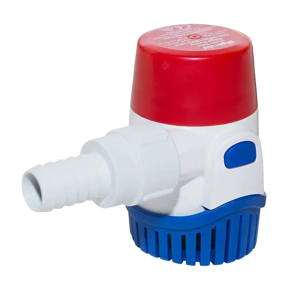 Rule 500GPH Standard Bilge Pump, white body with red top, blue base, and white hose barb.