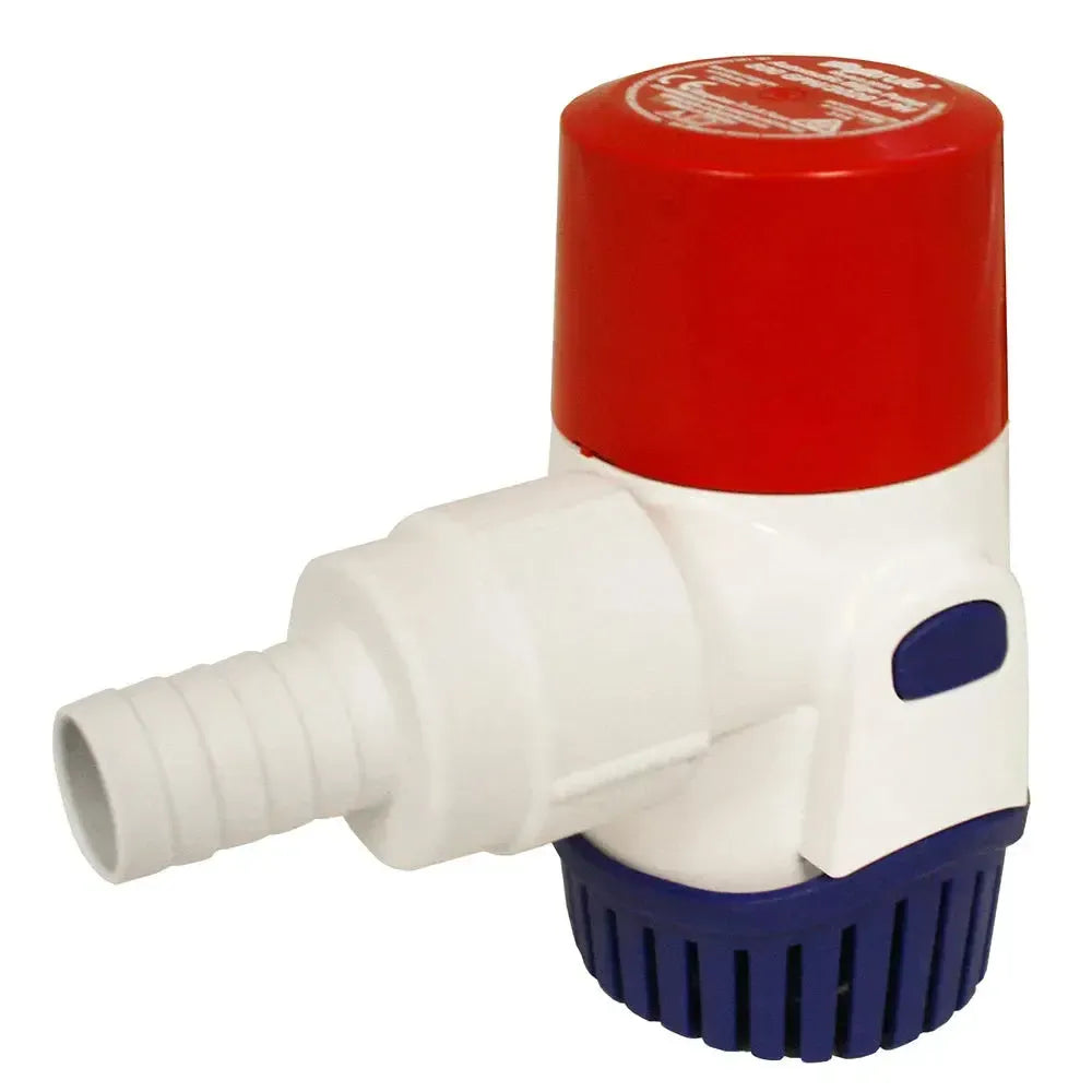 Rule 800GPH Electronic Sensing Bilge Pump, 12V, with red top, white body, and blue base.