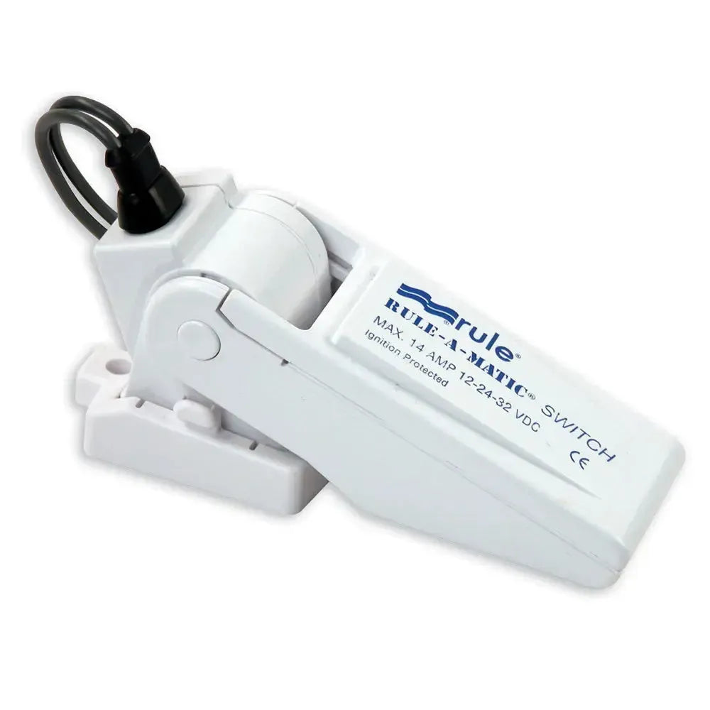 White Rule-A-Matic float switch with black wiring, a removable base, and blue text branding.