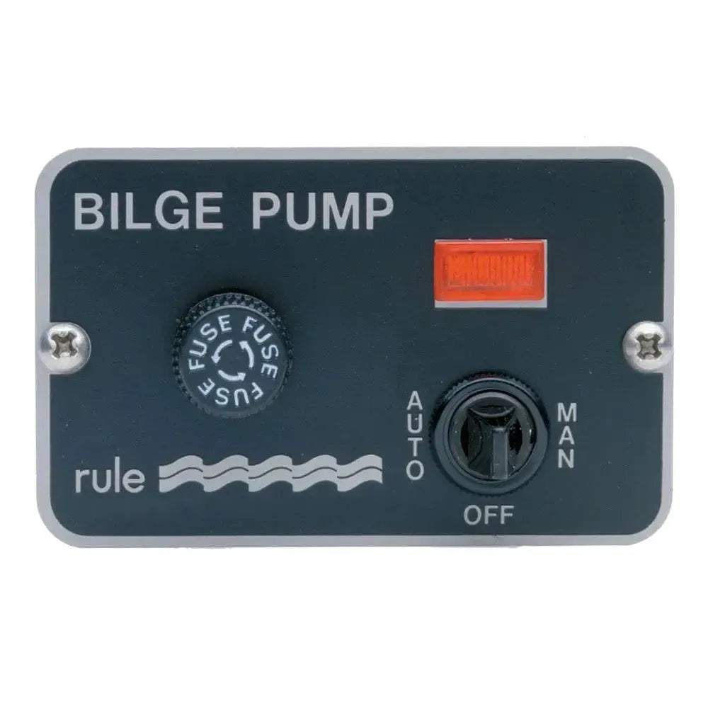 Black stainless steel Rule Deluxe 3-Way Panel Lighted Switch with fuse holder and red indicator light.