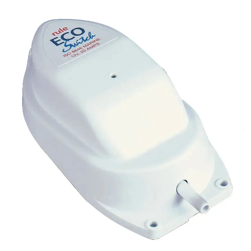 White Rule ECO-Switch automatic bilge pump control switch with blue lettering and air tube.