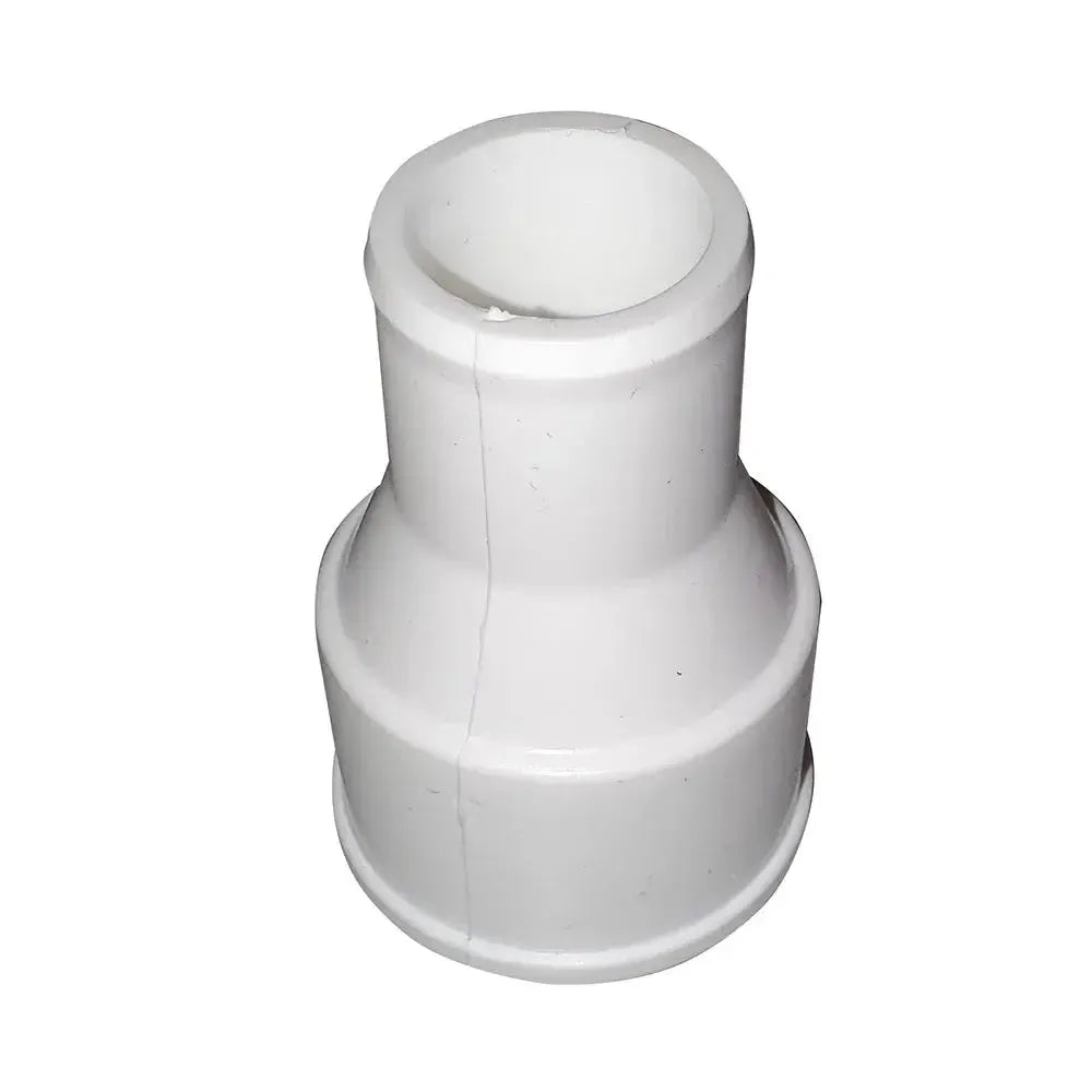 White high-impact plastic Rule straight hose adapter, 1-1/2" to 1-1/8" for pump outlets.