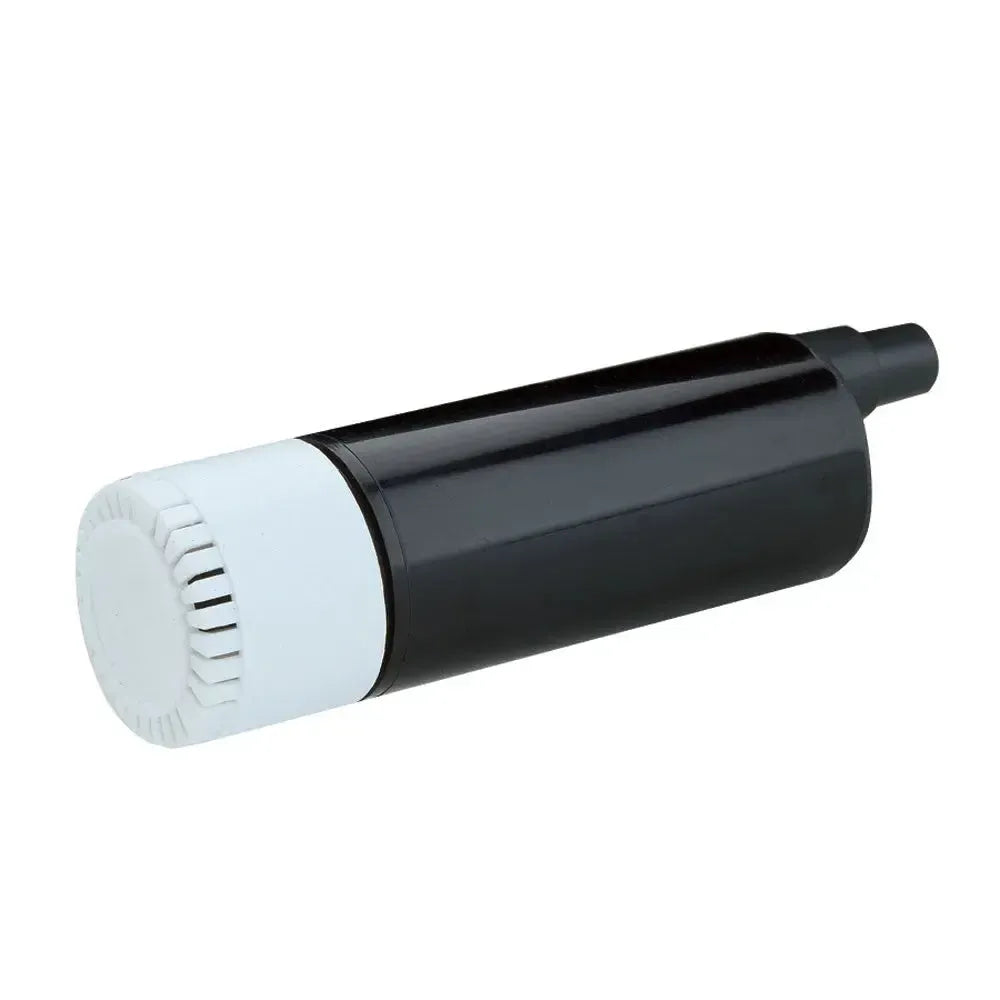 Rule IL200 In-Line Submersible Pump, black and white cylindrical plastic, 12V.