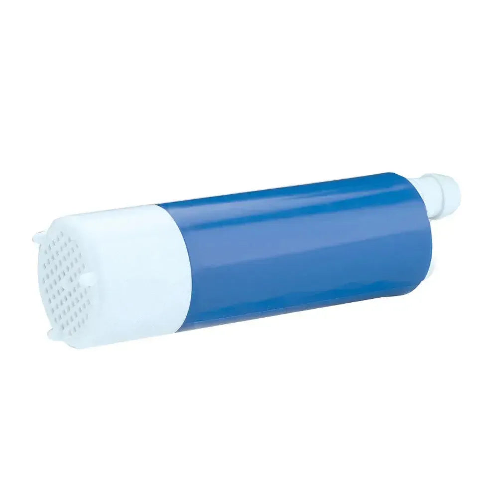 Blue and white Rule IL200 Plus in-line submersible pump with a hose connection.