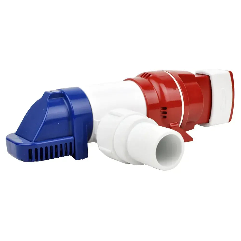 Rule LoPro 900GPH automatic bilge pump in red, white, and blue with a white hose fitting.