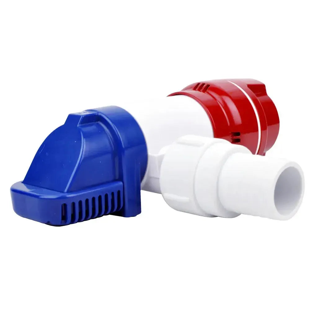 Rule LoPro 900GPH non-automatic bilge pump, white body with blue and red ends, and white hose fitting.