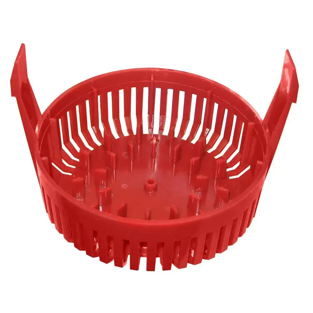 Red plastic Rule replacement strainer base for round 2800-3700gph pumps, with vertical slots.