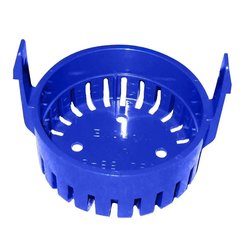 Blue plastic Rule replacement strainer base for round 300-1100gph pumps, with slotted design.