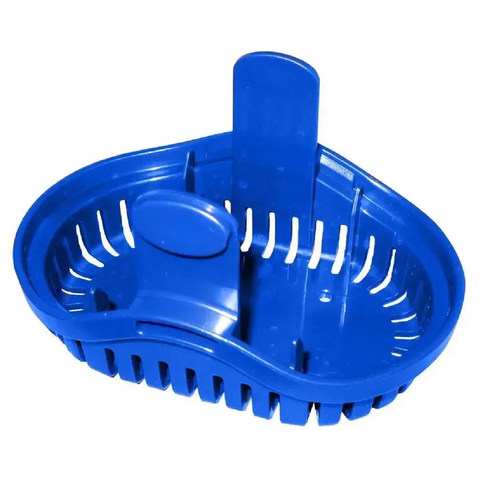 Blue plastic Rule replacement strainer base for Rule-Mate bilge pumps, featuring a slotted design.