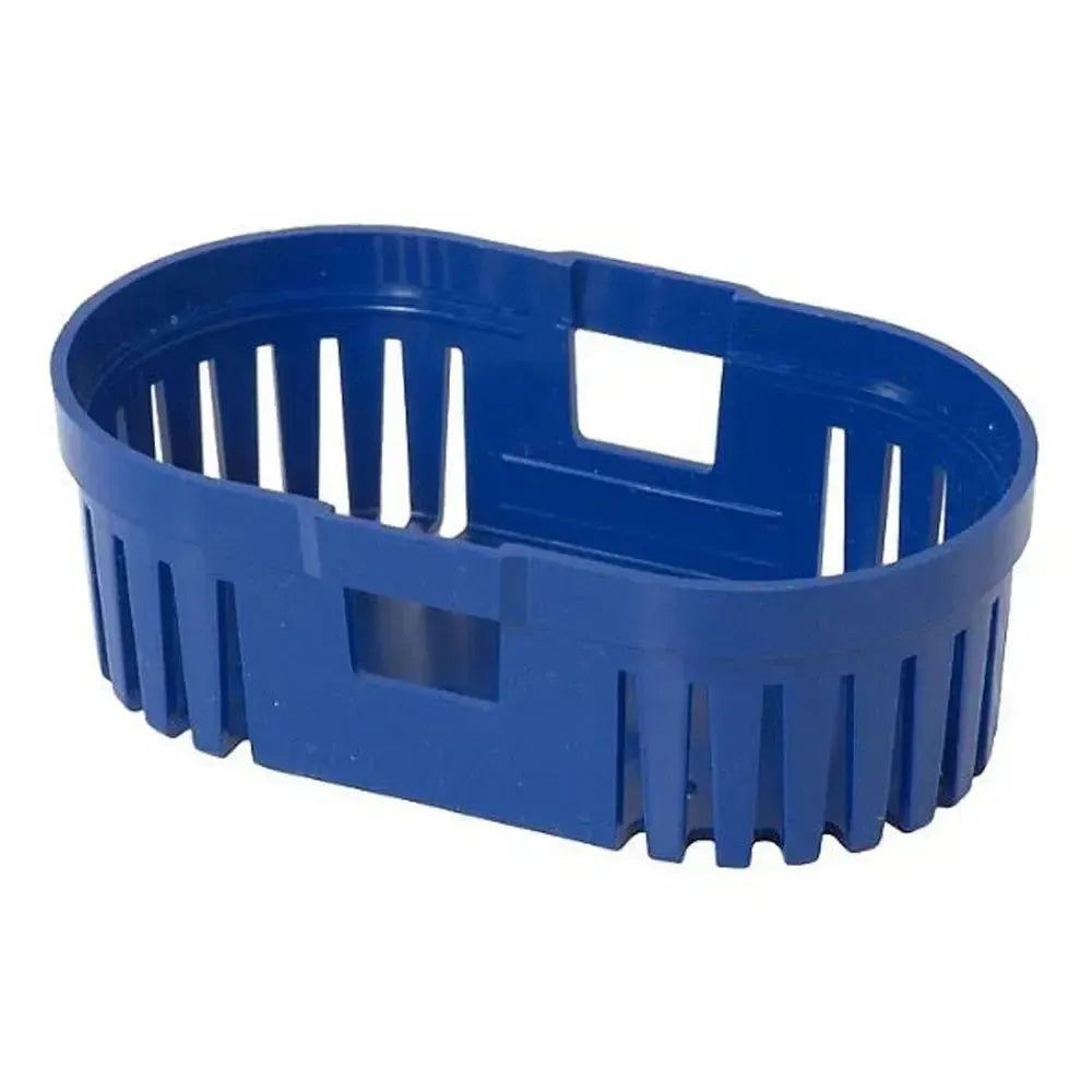 Blue oval plastic Rule Mate bilge pump replacement strainer base with vertical slots.
