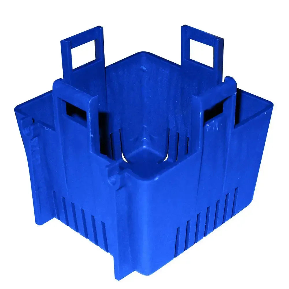 Blue plastic Rule replacement strainer base for square bilge pumps, with vertical slots and four corner tabs.