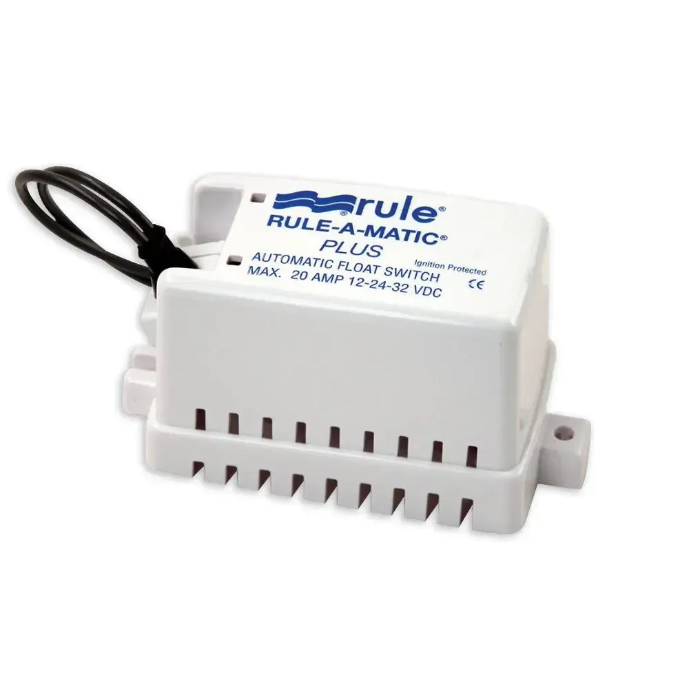 White Rule Rule-A-Matic Plus automatic float switch with black wires and a vented base.