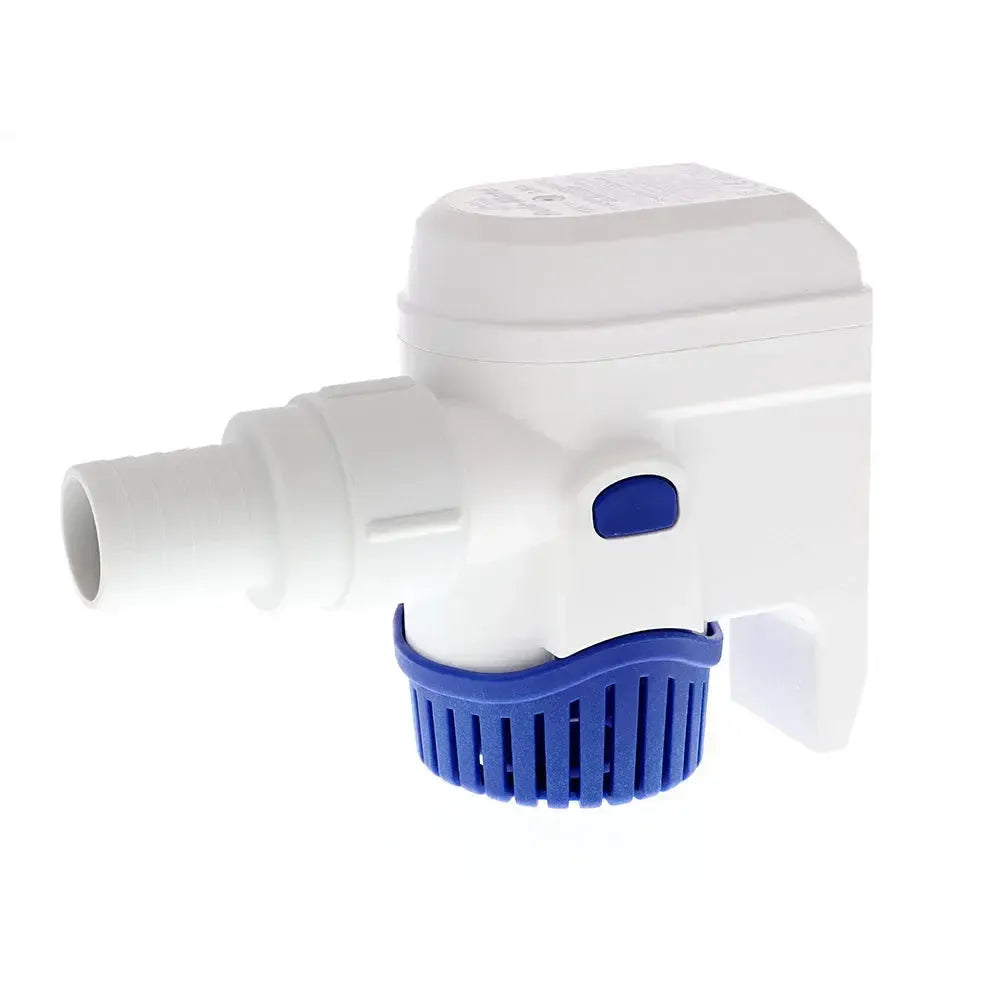 White Rule-Mate 1100 automated bilge pump with blue base and hose barb.