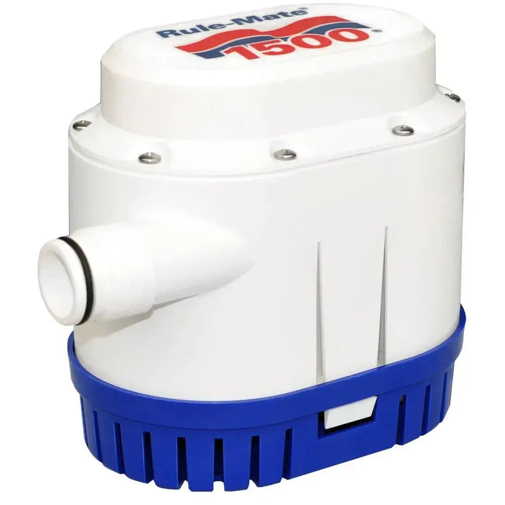 White Rule-Mate 1500 GPH 12V automated bilge pump with blue base and threaded outlet.