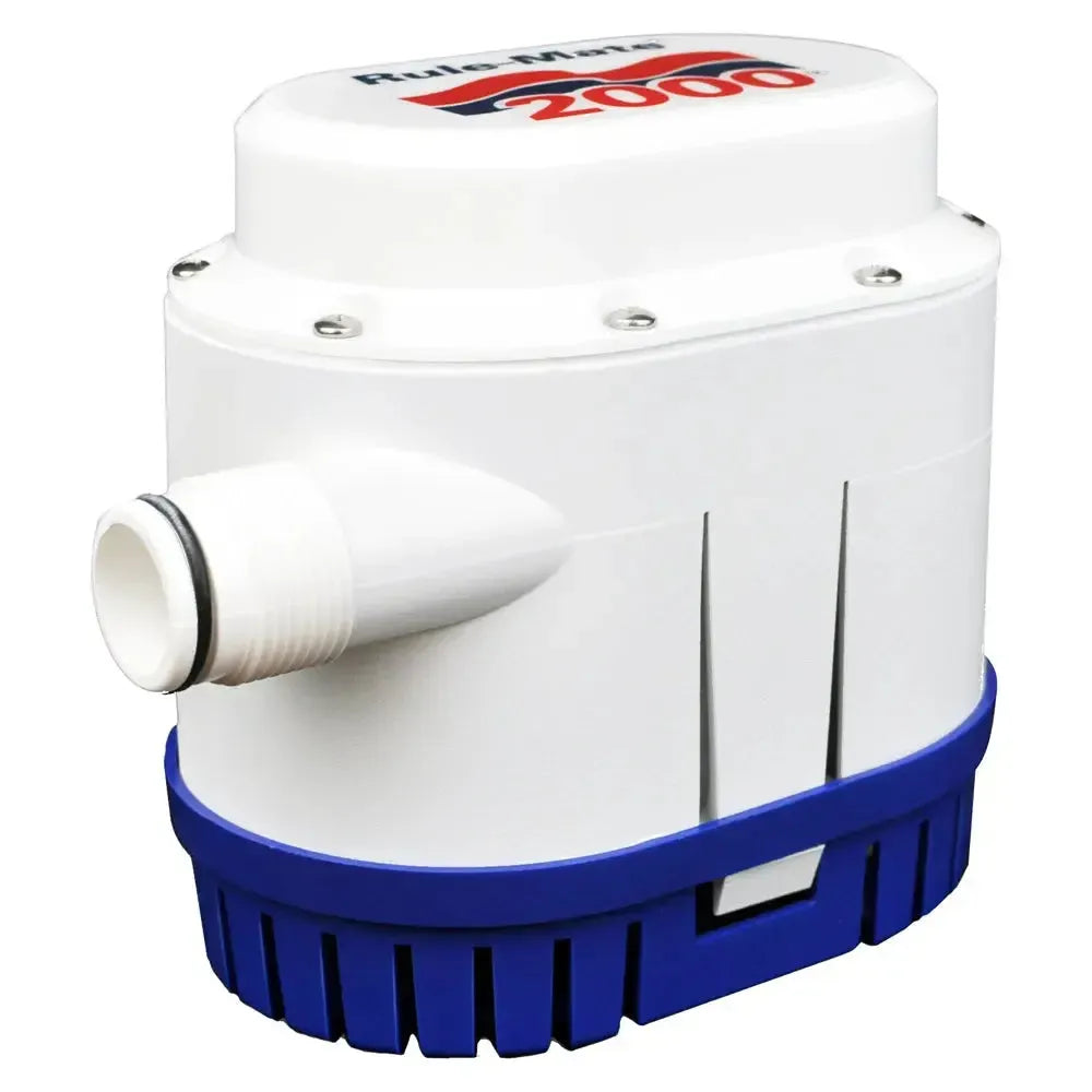 White Rule-Mate 2000 GPH fully automated bilge pump with blue base and threaded outlet.